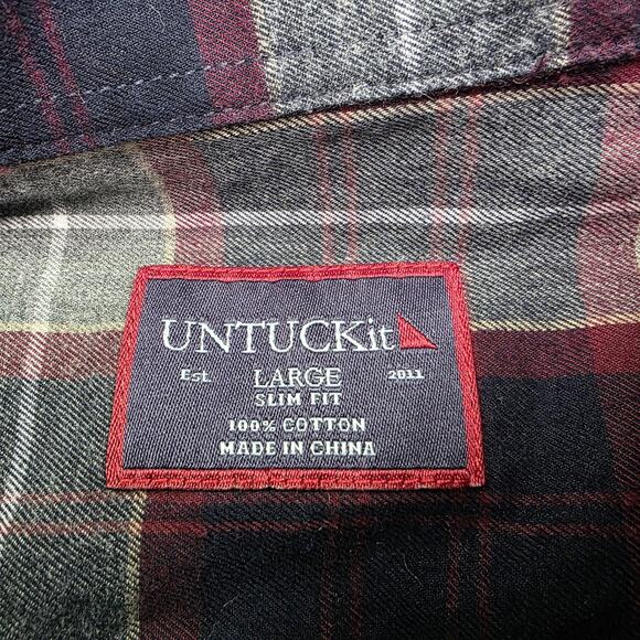 UNTUCKit Shirt Mens Large Red Navy Plaid Alentejo Slim Fit Cotton Button Down - Picture 3 of 16
